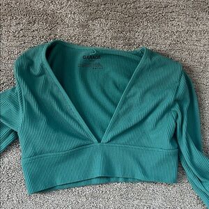 Garage Turquoise Ribbed V-Neck Blouse